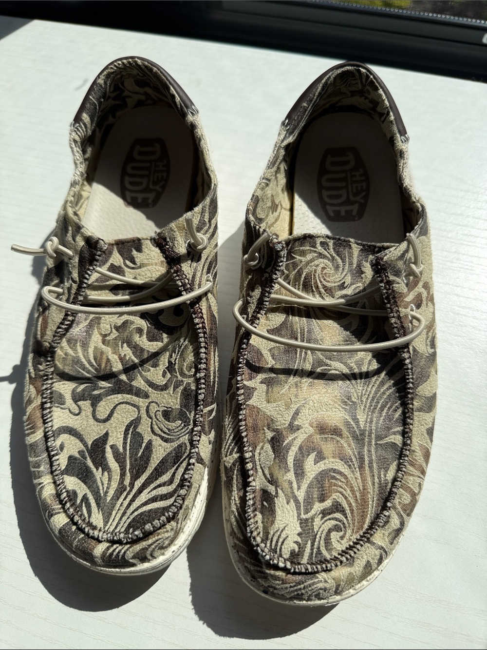 Hey Dude Floral Pattern Canvas Slip-On Loafers in Brown and Cream - Picture 5 of 12